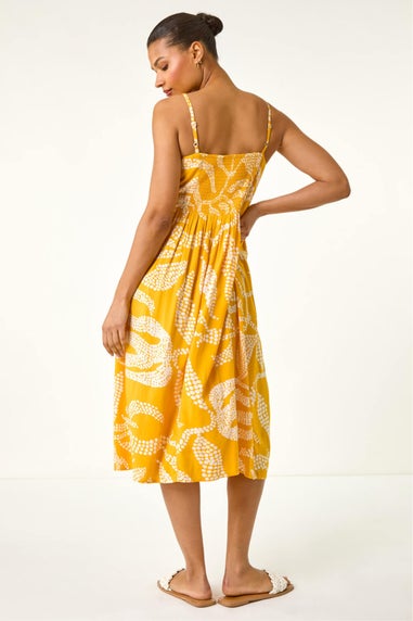 Roman Yellow Leaf Print Strap Midi Dress