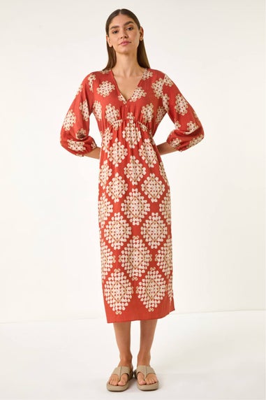 Roman Rust Geo Print V-Neck Midi Dress