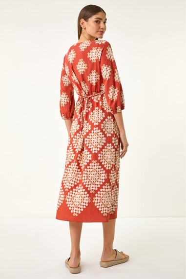 Roman Rust Geo Print V-Neck Midi Dress