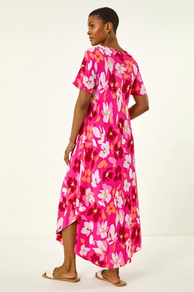 Roman Pink Floral Print Asymmetric Hem T-Shirt Dress