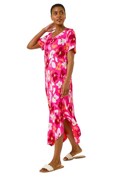 Roman Pink Floral Print Asymmetric Hem T-Shirt Dress