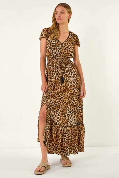 Roman Tan Animal Print Shirred Maxi Dress