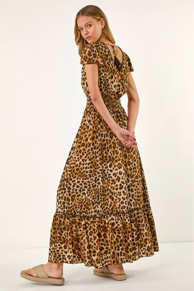 Roman Tan Animal Print Shirred Maxi Dress