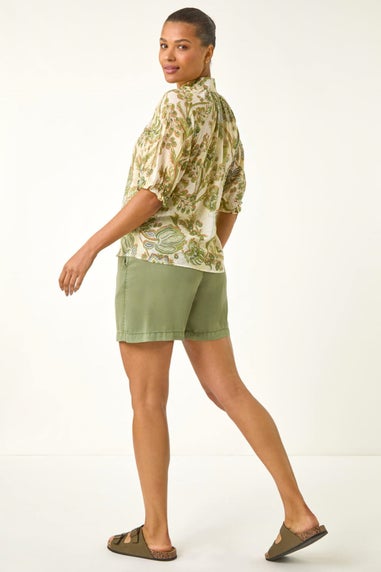 Roman Green Floral Print Trim Detail Blouse