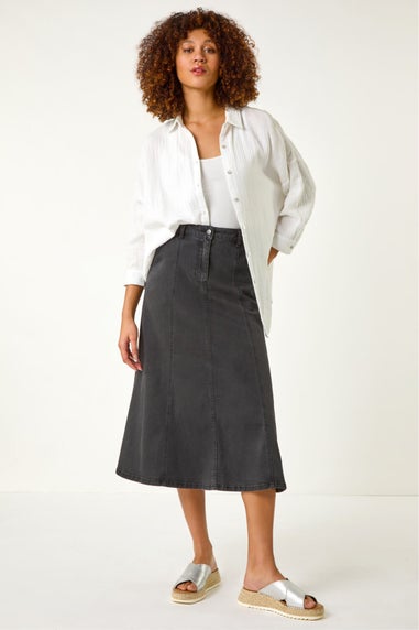 Roman Black Cotton Denim Panelled Midi Skirt