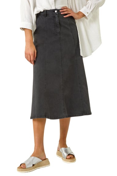 Roman Black Cotton Denim Panelled Midi Skirt