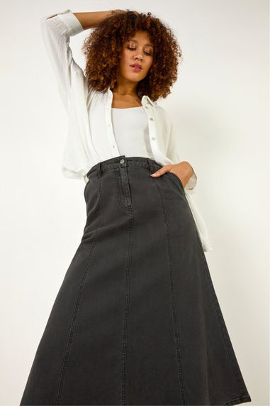 Roman Black Cotton Denim Panelled Midi Skirt
