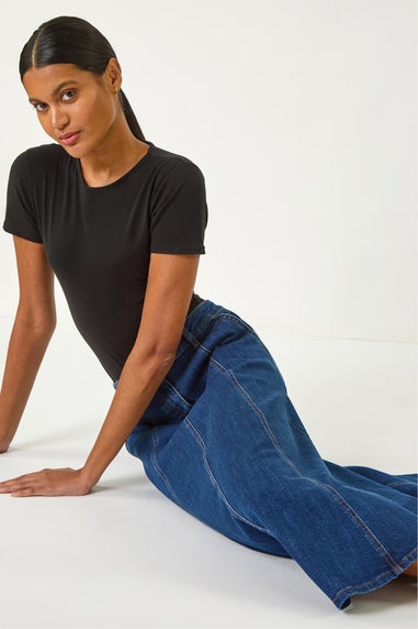 Roman Indigo Cotton Denim Panelled Midi Skirt