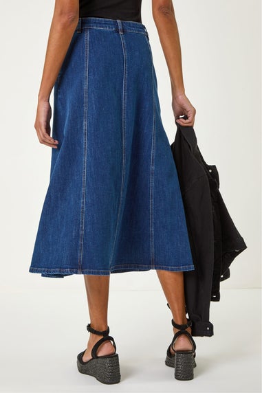 Roman Indigo Cotton Denim Panelled Midi Skirt