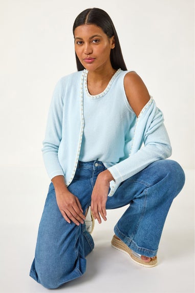 Roman Light Blue Faux Pearl Trim Cardigan
