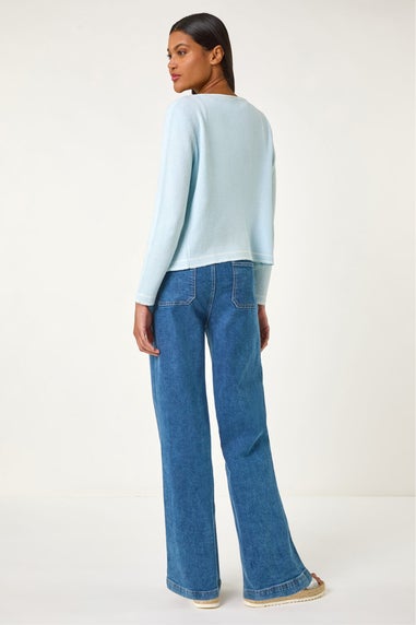 Roman Light Blue Faux Pearl Trim Cardigan