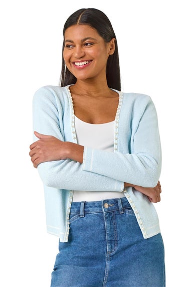 Roman Light Blue Faux Pearl Trim Cardigan