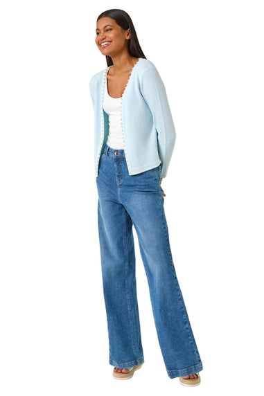 Roman Light Blue Faux Pearl Trim Cardigan