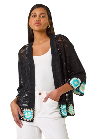 Roman Black Edge Crochet Hem Knit Cardigan
