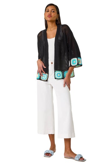 Roman Black Edge Crochet Hem Knit Cardigan