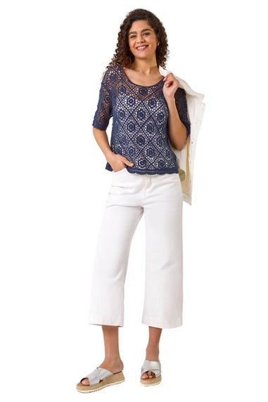 Roman Navy Cotton Crochet T-Shirt