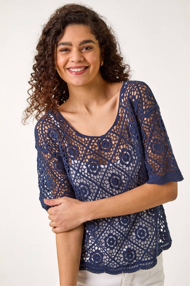 Roman Navy Cotton Crochet T-Shirt