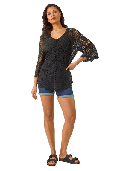 Roman Black Crochet Lace V-Neck Open Knit