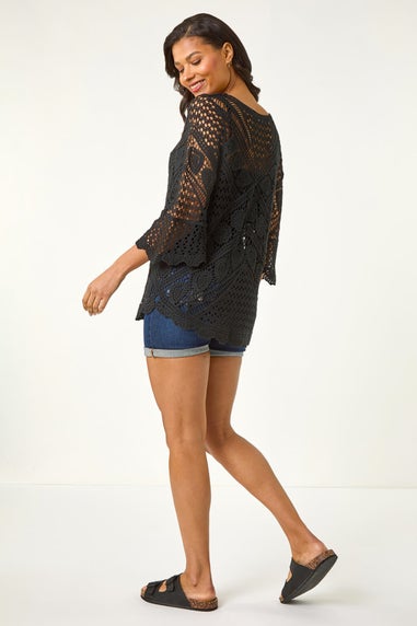 Roman Black Crochet Lace V-Neck Open Knit