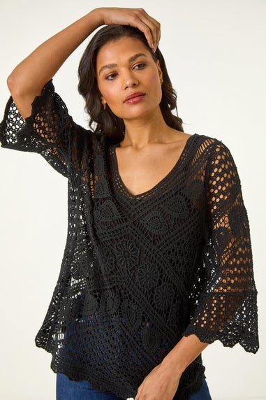 Roman Black Crochet Lace V-Neck Open Knit