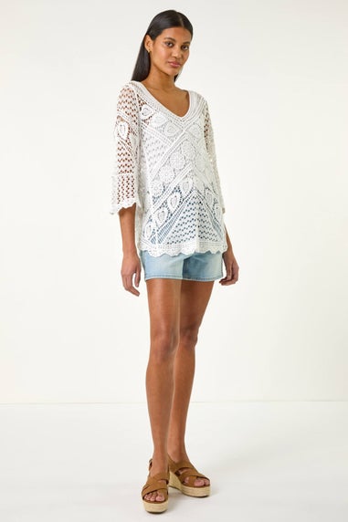 Roman Ivory Crochet Lace V-Neck Open Knit