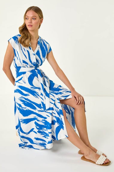Roman Blue Brushstroke Linen Mix Midi Dress