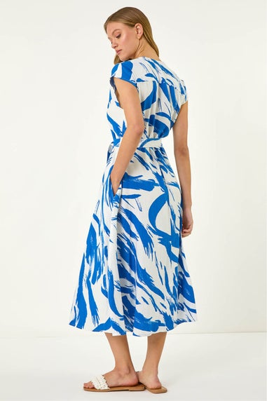 Roman Blue Brushstroke Linen Mix Midi Dress