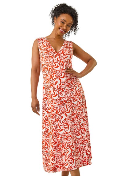 Roman Orange Petite Abstract Print Wrap Midi Dress