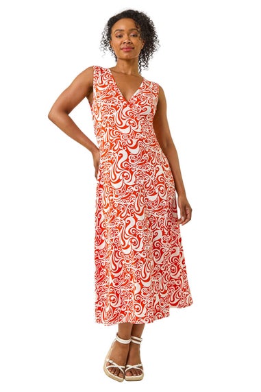 Roman Orange Petite Abstract Print Wrap Midi Dress