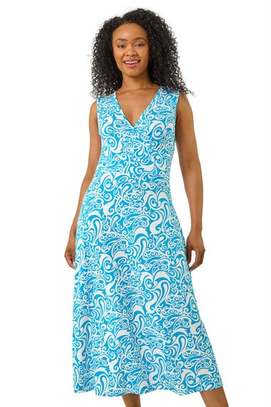 Roman Turquoise Petite Abstract Print Wrap Midi Dress