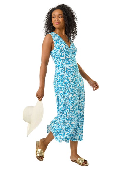 Roman Turquoise Petite Abstract Print Wrap Midi Dress