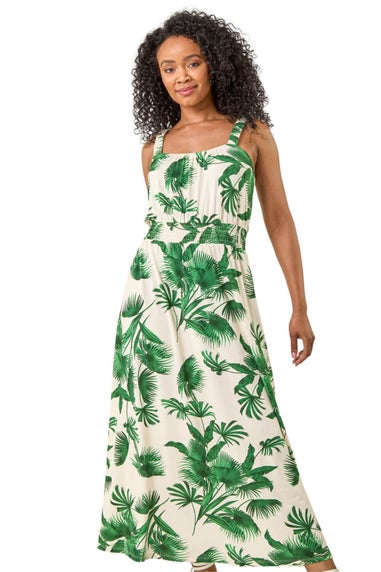 Roman Green Petite Tropical Strappy Midi Dress