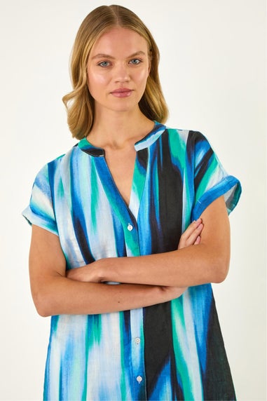 Roman Blue Abstract Printed Linen Shift Dress