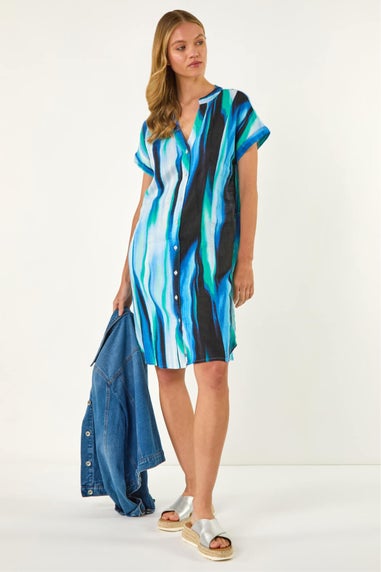 Roman Blue Abstract Printed Linen Shift Dress