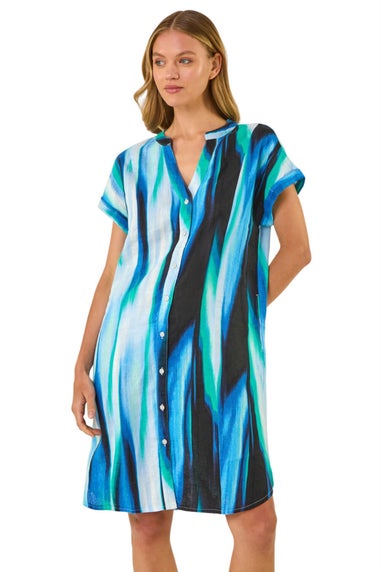 Roman Blue Abstract Printed Linen Shift Dress