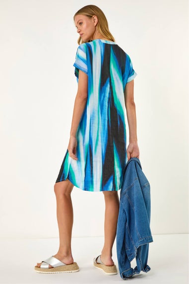Roman Blue Abstract Printed Linen Shift Dress