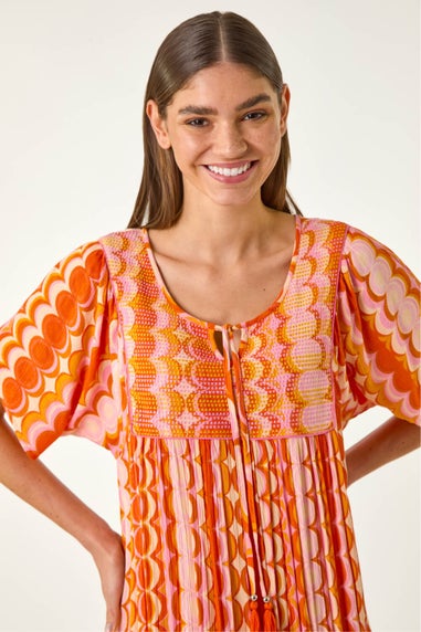 Roman Orange Abstract Smocked Dress