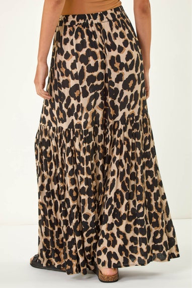 Roman Natural Animal Print Tiered Maxi Skirt
