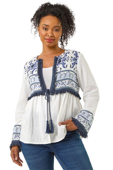 Roman White Petite Tassel Detail Jacket