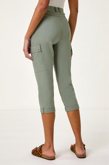 Roman Khaki Turn Up Stretch Cropped Cargo Trousers