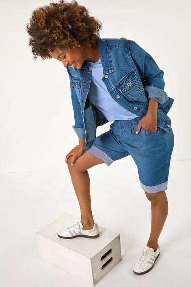 Roman Denim Bengaline Turn Up Stripe Stretch Shorts