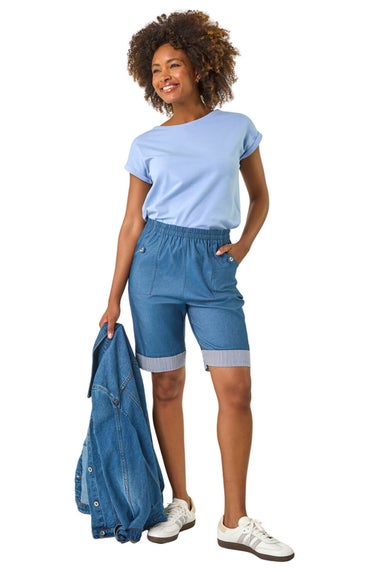 Roman Denim Bengaline Turn Up Stripe Stretch Shorts