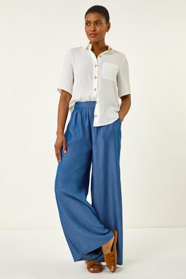 Roman Denim Pleated Full Length Wide Leg Trouser