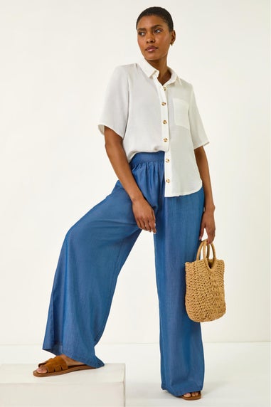 Roman Denim Pleated Full Length Wide Leg Trouser