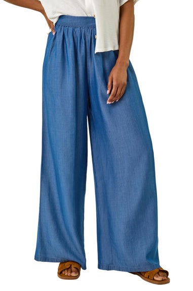 Roman Denim Pleated Full Length Wide Leg Trouser