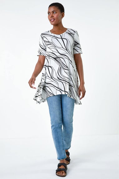 Roman Ivory Abstract Hanky Hem Stretch Tunic Top