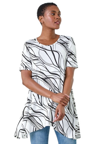 Roman Ivory Abstract Hanky Hem Stretch Tunic Top