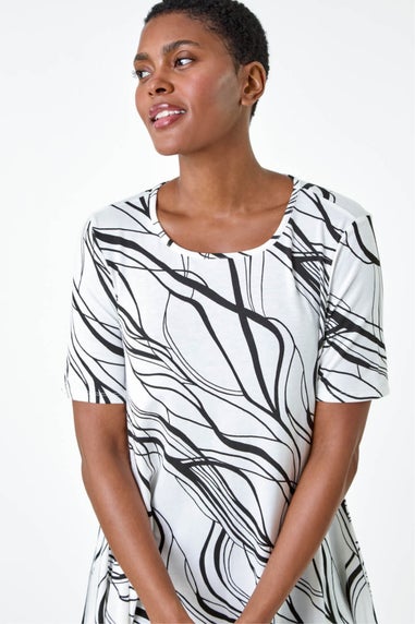 Roman Ivory Abstract Hanky Hem Stretch Tunic Top