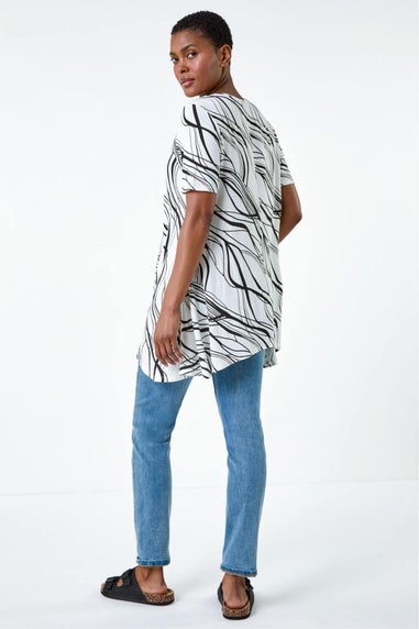 Roman Ivory Abstract Hanky Hem Stretch Tunic Top