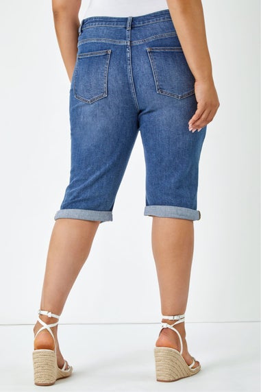 Roman Blue Curve Stretch Knee Length Denim Shorts